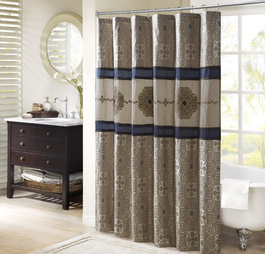 Madison Park Donovan Shower Curtain, Embroidered Jacquard Weave Design, Traditional Bathroom Décor, Machine Washable, Fabric Privacy Screen, 72x72…