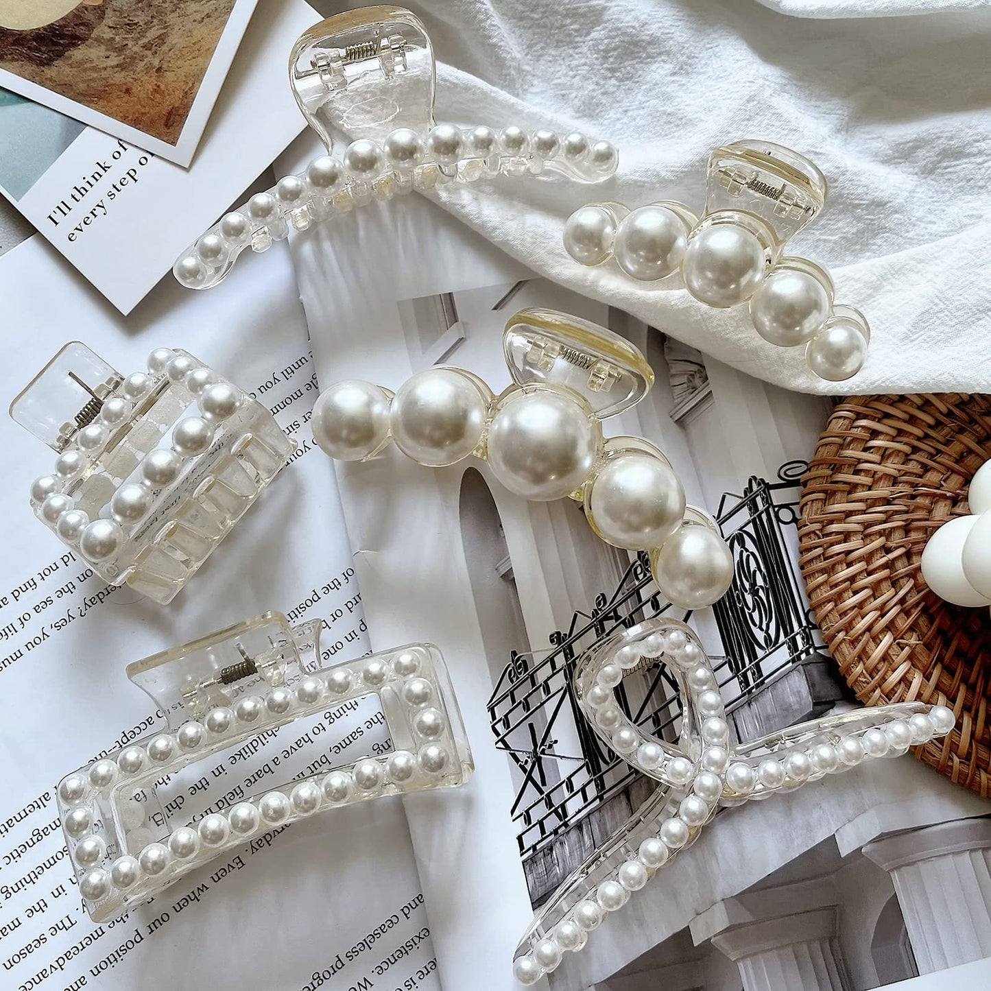 6 Pcs Pearl Hair Clips for Women Large Claw Clips for Thin Thick Hair White Hair Claw Clips for Wedding Gift Nonslip Hair Accessories for Women