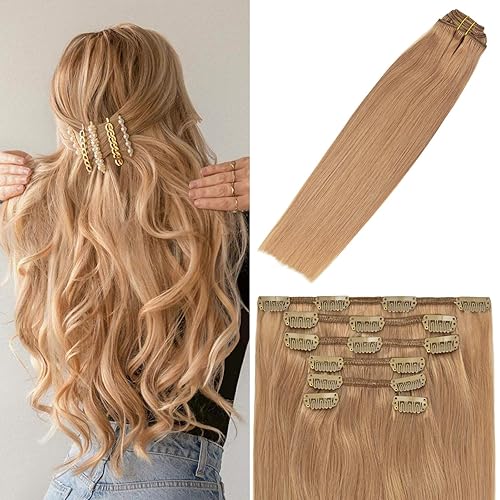 WindTouch Clip in Hair Extensions Real Human Hair Dark Blonde Hair Extensions 15Inch Straight 7PCS #12 Reddish Blonde 75g Human Hair Clip
