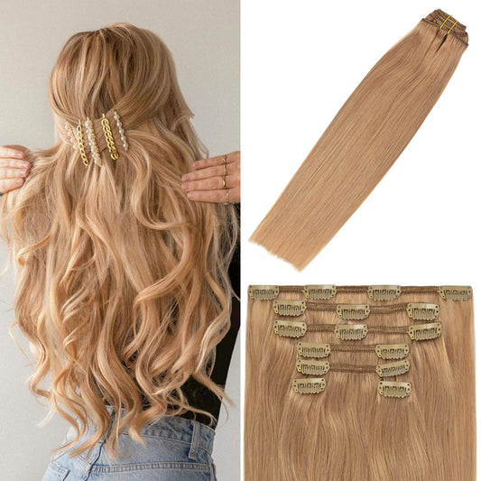 WindTouch Clip in Hair Extensions Real Human Hair Dark Blonde Hair Extensions 15Inch Straight 7PCS #12 Reddish Blonde 75g Human Hair Clip