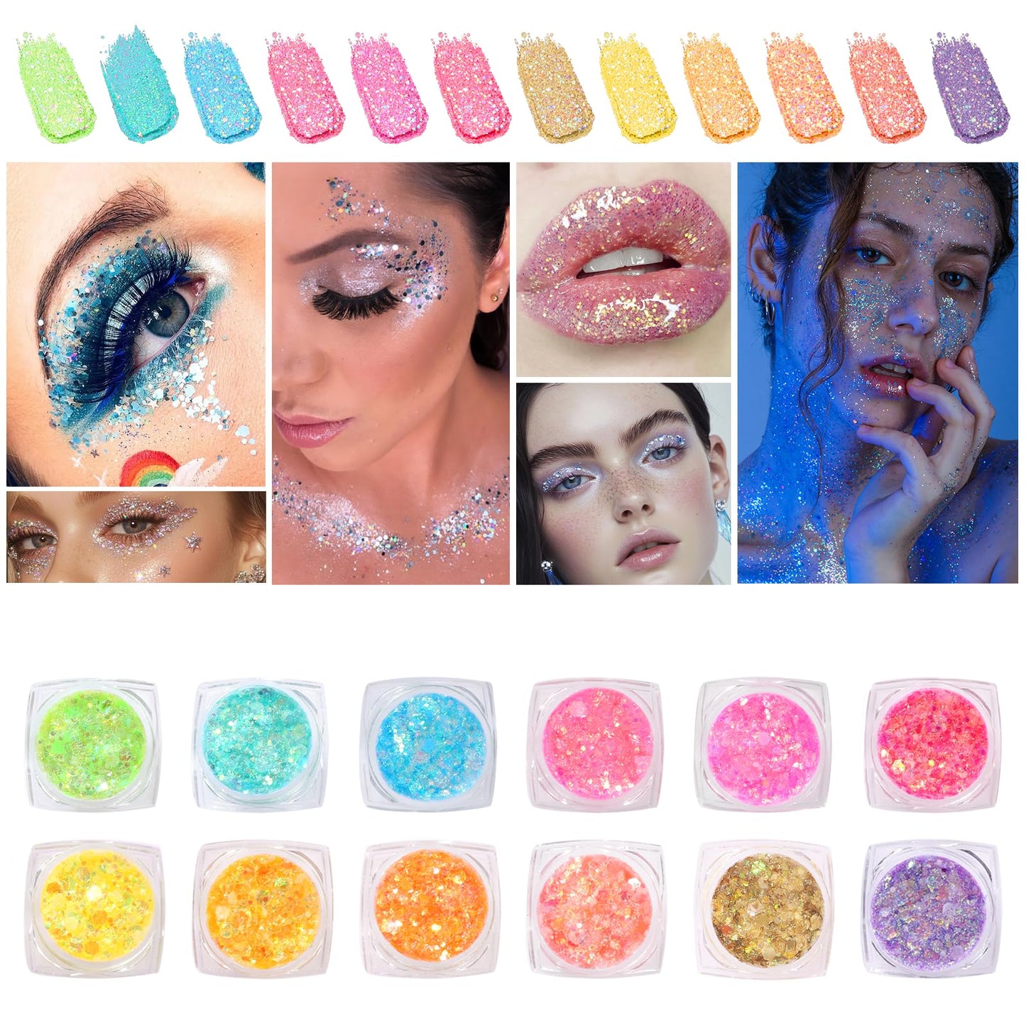Glow in the Dark Face & Body Glitter Gel - 12 Colors Chunky Holographic Glitter for Hair, Body, Festival, Party, Rave Makeup, Washable Cosmetic