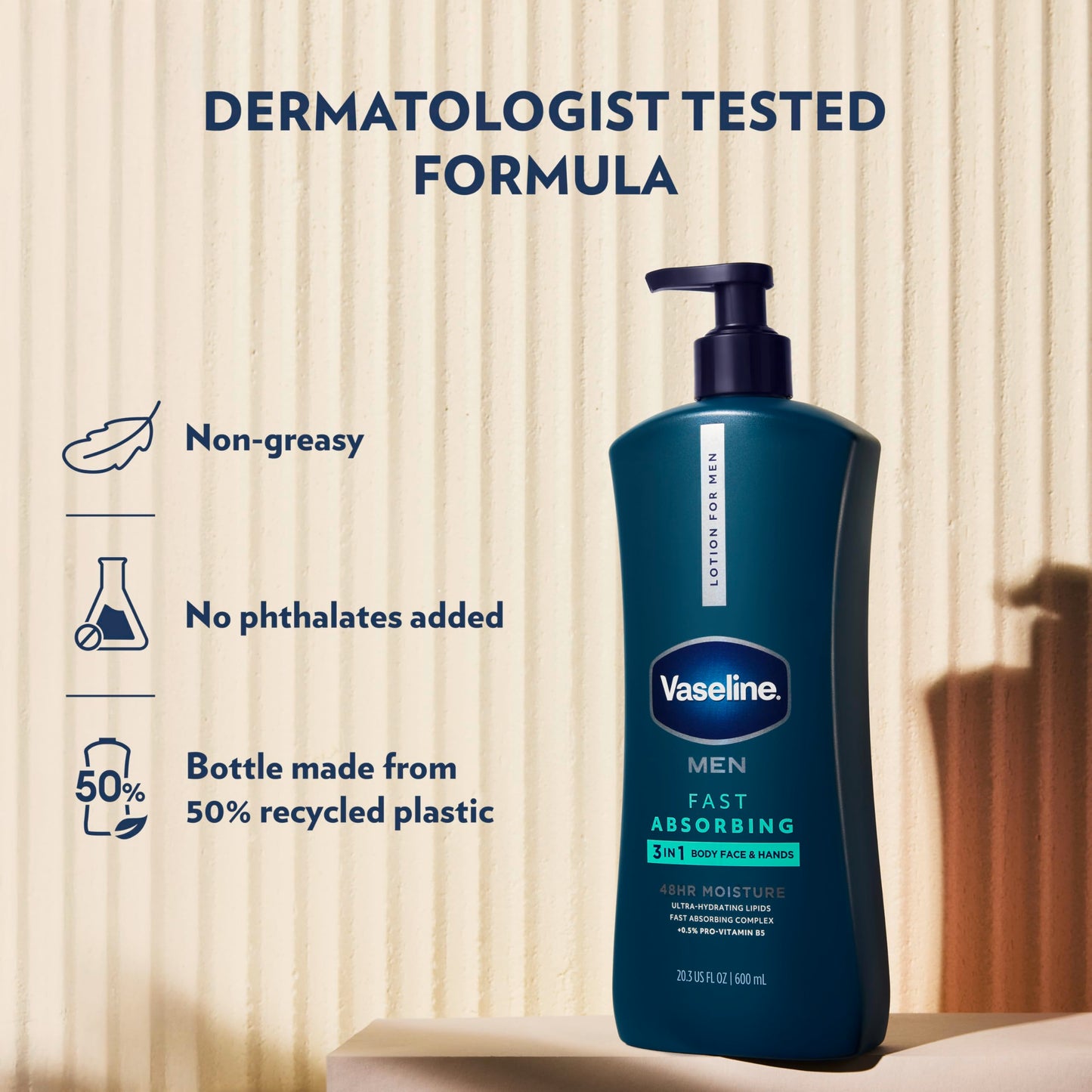 Vaseline Men Fast Absorbing 3-in-1 Face, Hands & Body Lotion for Men, For Dry Skin, Absorbs in Just 15 Seconds for Moisturized Skin 20.3 oz