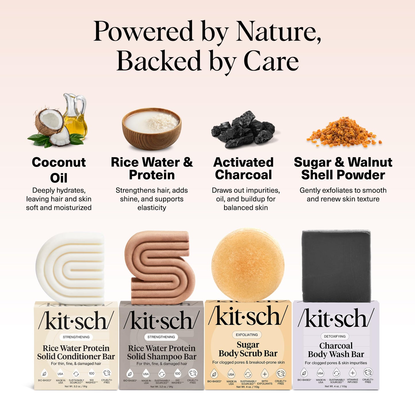 Kitsch 4pc Set - Rice Water Shampoo and Conditioner Set + Charcoal Body Wash Bar & Exfoliating Sugar Body Scrub - Hair & Body Bar Soap - Silicone