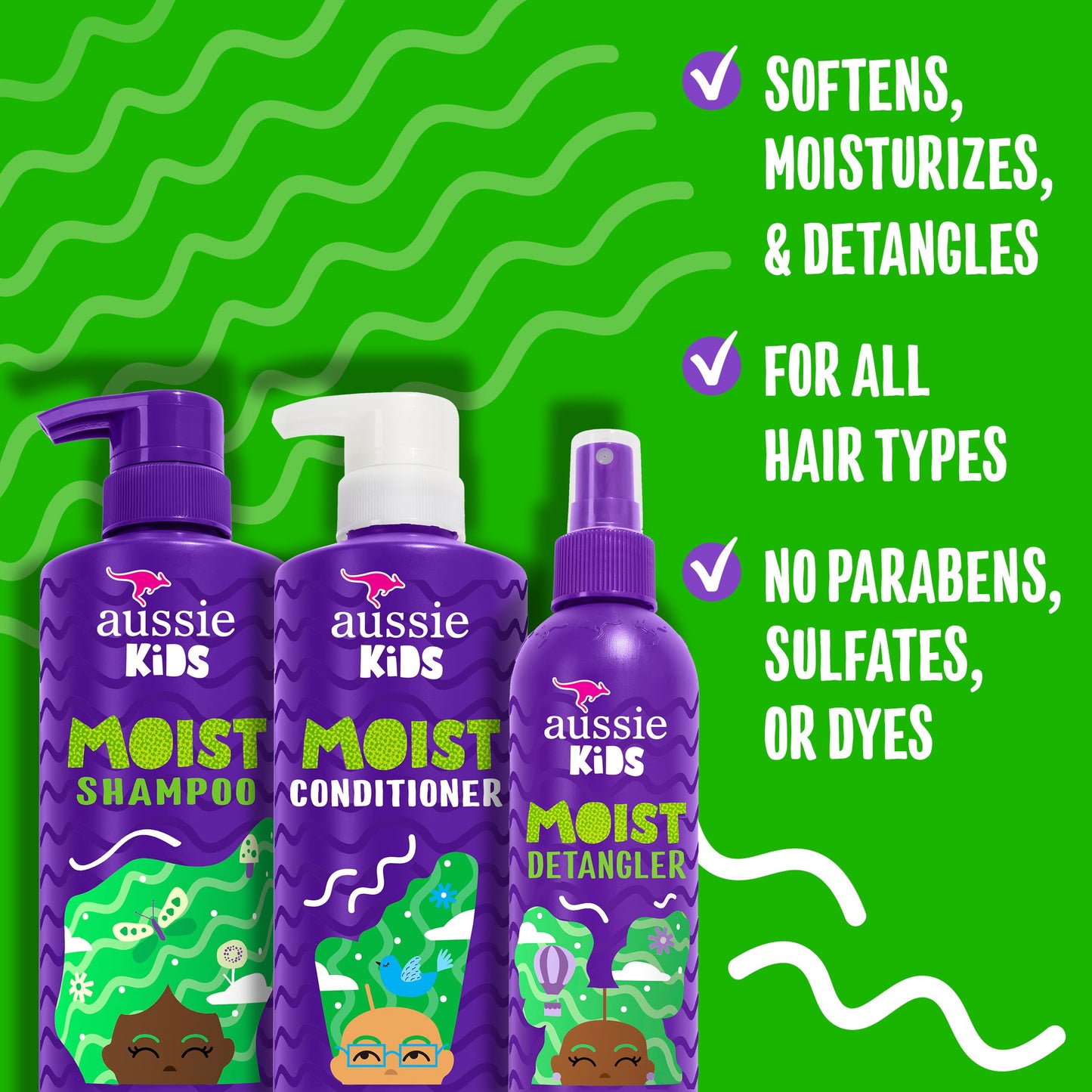 Aussie Kids Hair Care Bundle Set Including: Shampoo (16 Fl Oz), Conditioner (16 Fl Oz) & Detangler Spray (8 Fl Oz), Paraben- Freem Sulfate-Free