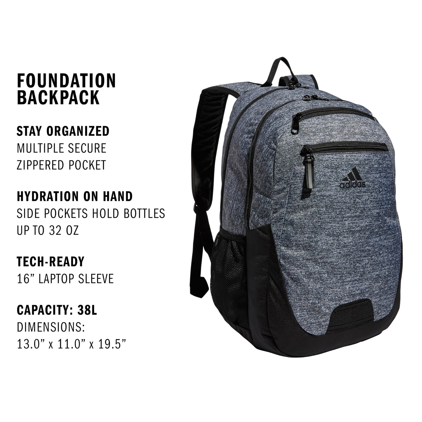 adidas Unisex Foundation Backpack for Laptop, Large Durable Athletic Gym Bag