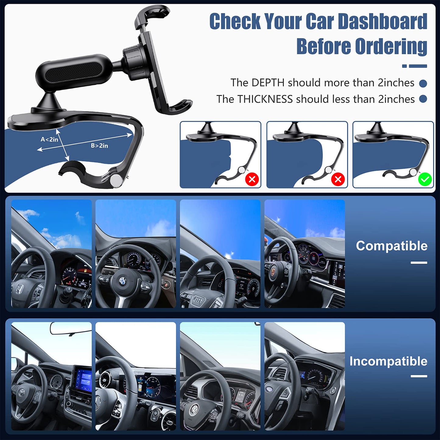 BANDICAL 360 Degree Rotation Dashboard Cell Phone Holder for Car Clip Mount Stand Suitable for 4 to 7 inch Smartphones (Black)