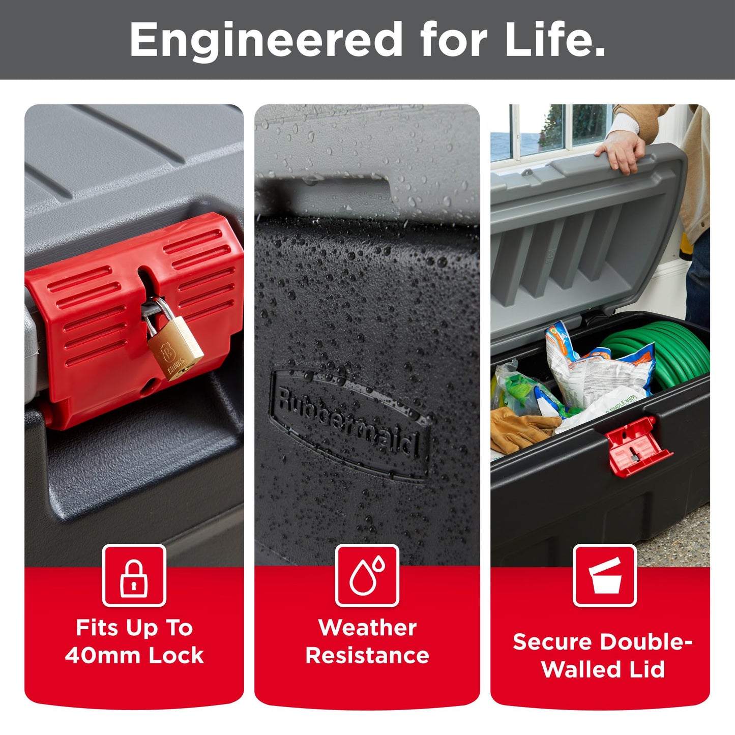 Rubbermaid 48 Gallon Black Action Packer Lockable Latch Indoor and Outdoor Storage Box Container for Home, Garage, Backyard, Single