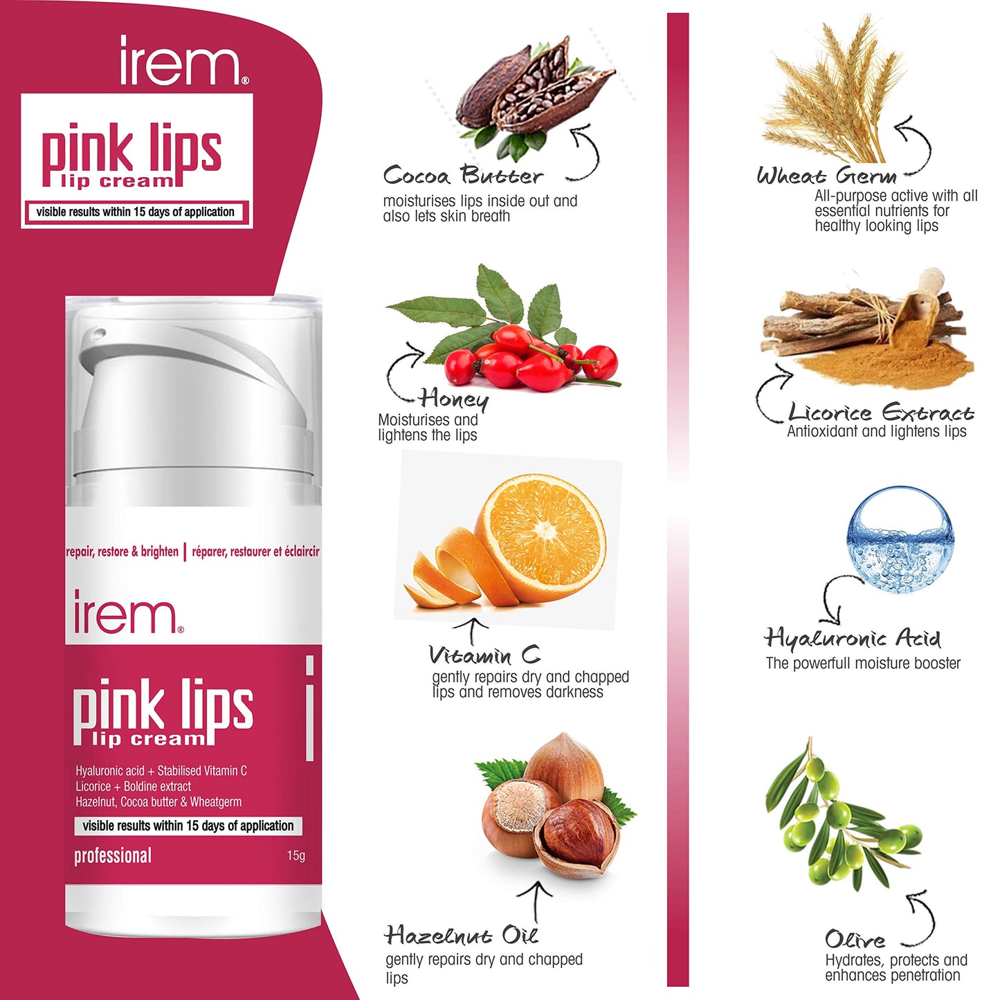 Irem Pink Lips - Lip cream Repair restore and brighten lips. With Vitamin C, Hyaluronic and Licorice 15g Beauty and Personal Care Irem