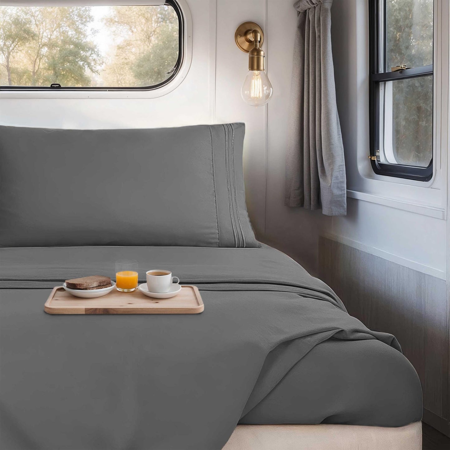 Hearth & Harbor Short Queen Sheets for RV, Dark Grey RV Queen Sheets, Silky Soft 1800 Microfiber Bed Sheet for Camper, 4 Piece RV Bedding with
