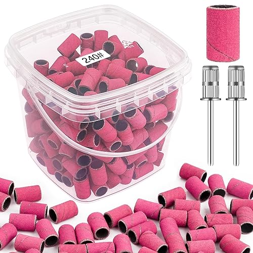 Rolybag Sanding Bands for Nail Drill 240 Grit Extreme Fine Nail Sanding Bands 200Pcs Pink Professional Sanding Bands and 2Pcs Nail Drill Bits