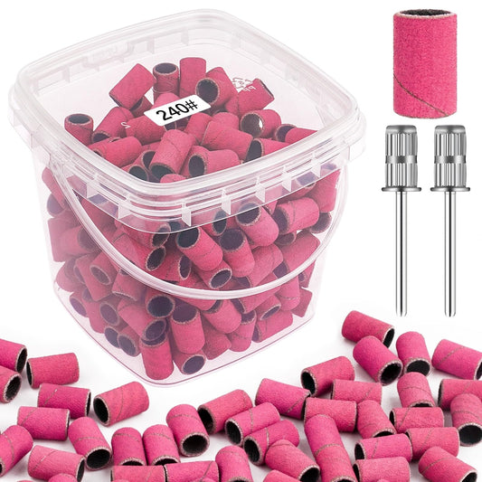 Rolybag Sanding Bands for Nail Drill 240 Grit Extreme Fine Nail Sanding Bands 200Pcs Pink Professional Sanding Bands and 2Pcs Nail Drill Bits
