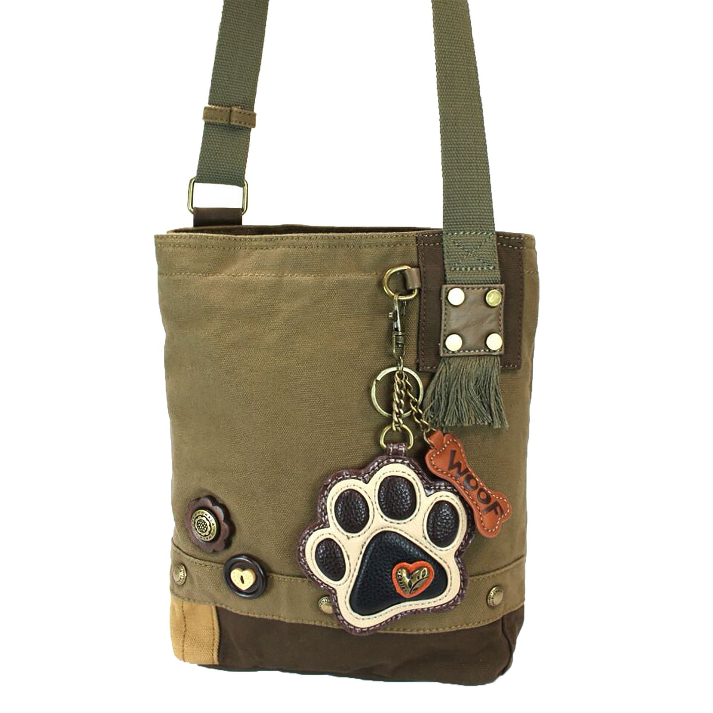 CHALA Patch Cross-Body Women Handbag, Olive Canvas Messenger Bag - Paw Print