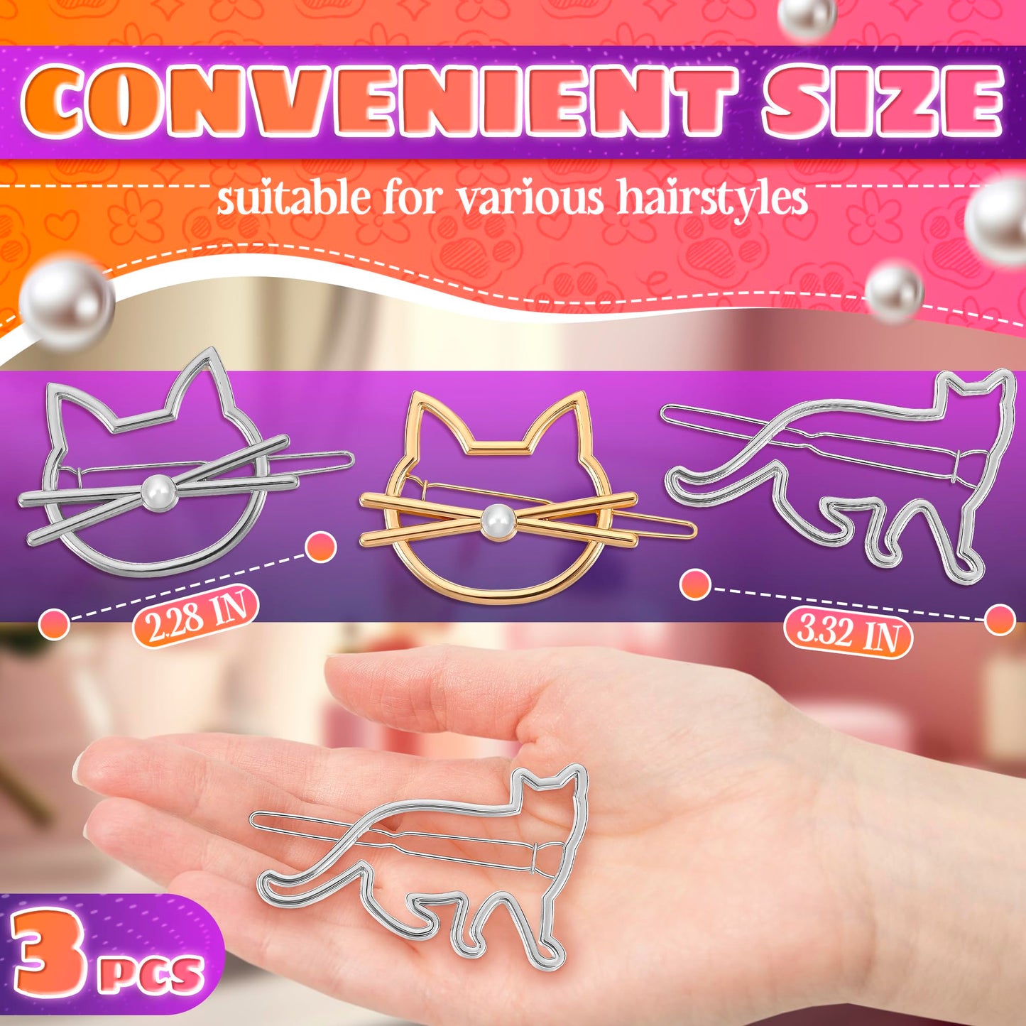 3Pcs Cat Hair Accessories for Women - Kitty Hair Clips for Girls, Small Barrettes for Thin and Thick Hair, Novelty Pins and Hair Jewelry