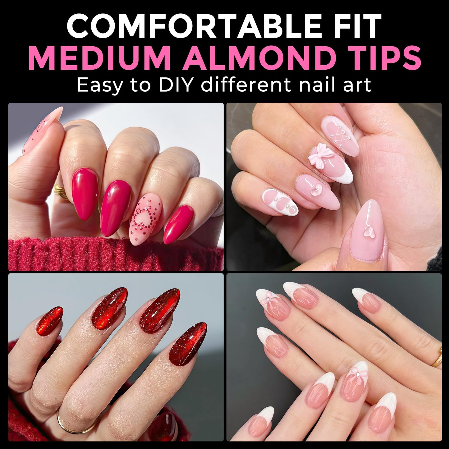 UNA GELLA Almond Nail Tips 216pcs Medium Almond Press on Nails Pre-shape Gel Fake Nails for Full Cover Acrylic French False Nails For Nail Extension
