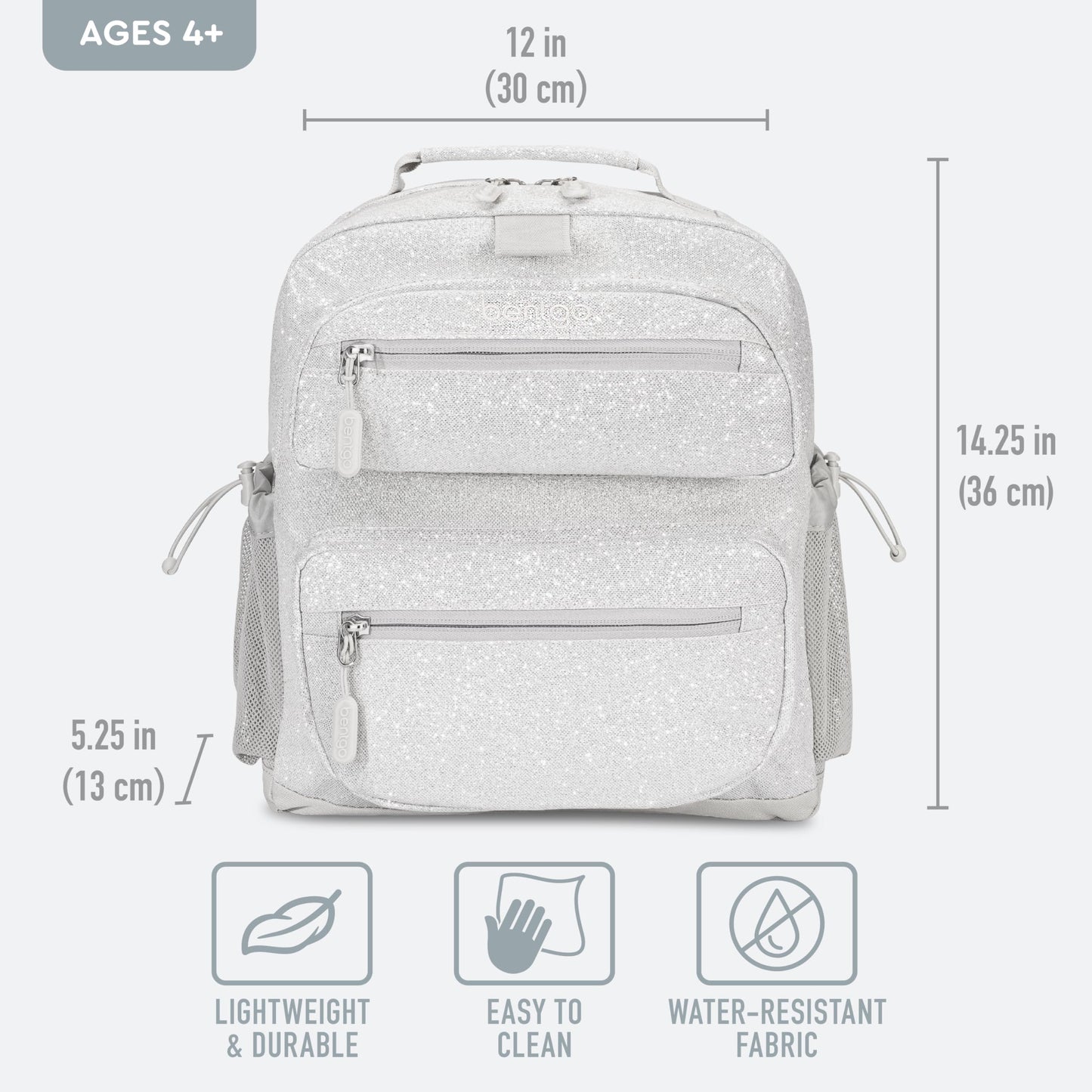 Bentgo Kids Glitter Backpack - Lightweight 14” Backpack for School, Travel & Daycare, Ideal for Ages 4+, Durable & Water-Resistant, Roomy Interior, & Loop for Lunch Bag (Glitter Edition - Silver)