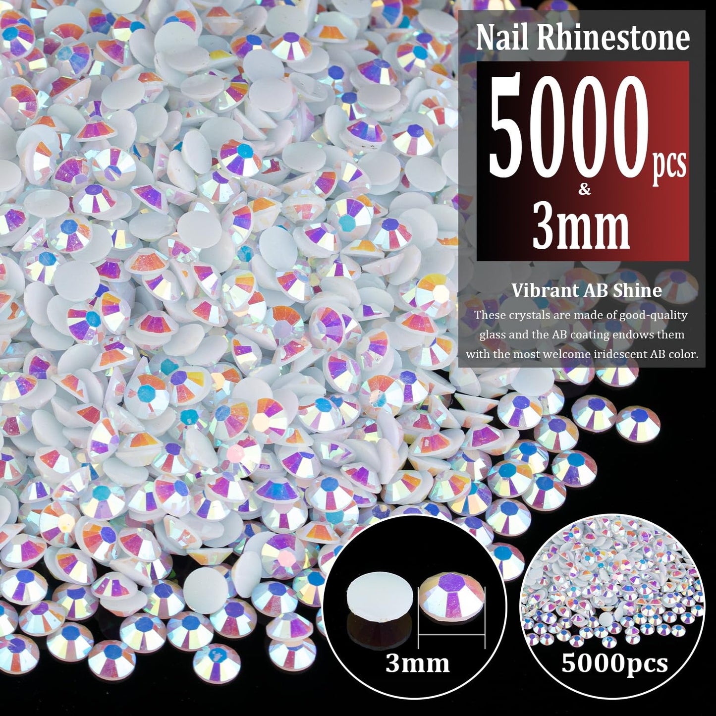 5000pcs 3mm Resin Rhinestones Bulk, White AB Flatback Round Jelly Rhinestones Bedazzling Non Hotfix Crystal Gems Large Quantity Wholesale for DIY Beauty and Personal Care BELLEBOOST