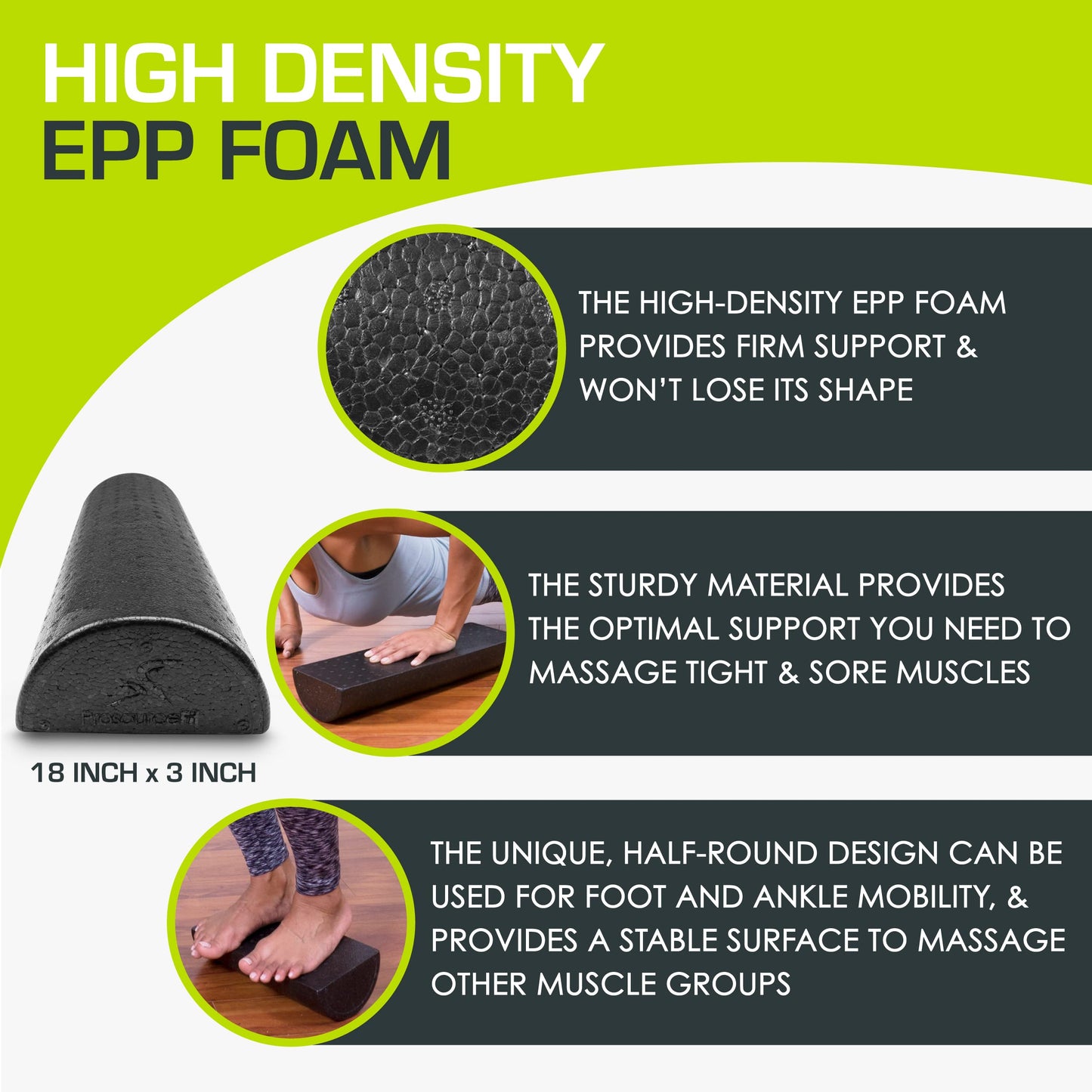 ProsourceFit High Density Foam Rollers 18 - inches long. Firm Full Body Athletic Massager for Back Stretching, Yoga, Pilates, Post Workout Trigger…