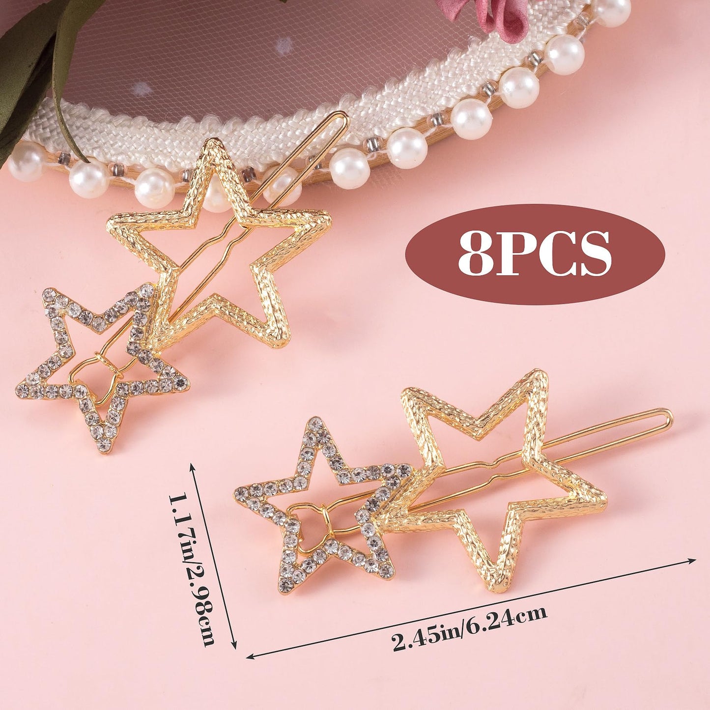 OIIKI Hair Clip, 8pcs Gold Star Hair Barrettes, Hollow Geometric Hair Pins with Rhinestone, Elegant Metal Hair Clips for Women Girls Hair Styling