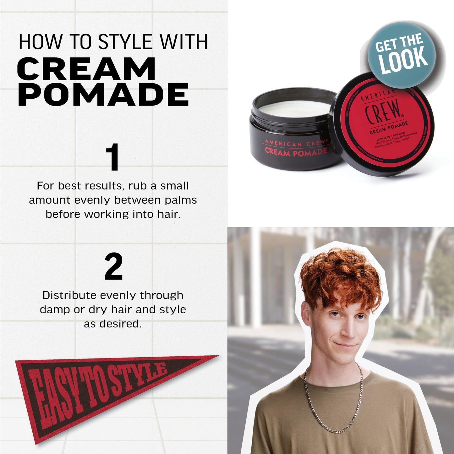 American Crew Men's Hair Cream Pomade, Like Styling Gel with Light Hold & Low Shine, Stocking Stuffer for Him, 3 oz