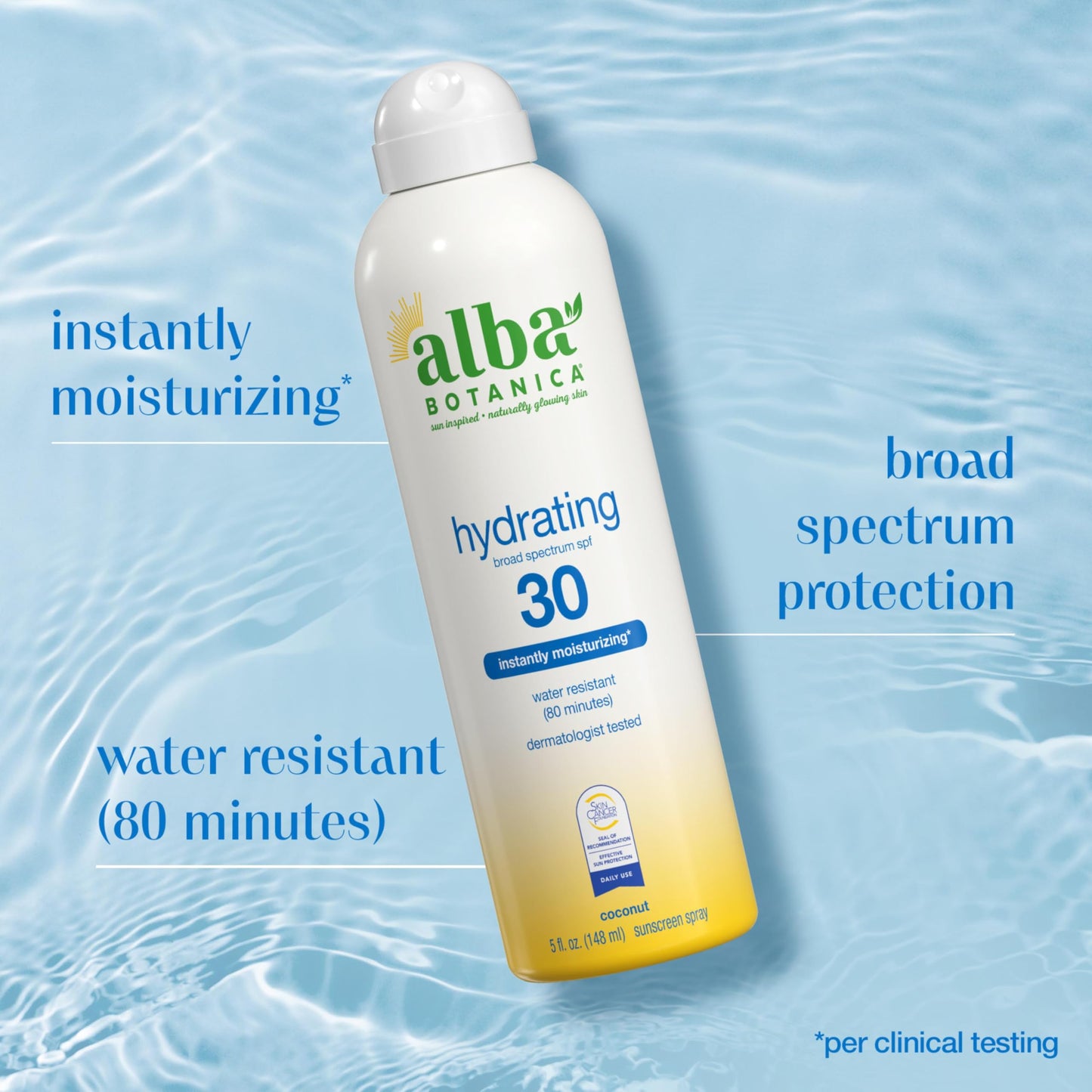 Alba Botanica Hydrating Sunscreen Spray, SPF 30 Broad Spectrum Protection, Instantly Moisturizing, Water Resistant (80 minutes), Hypoallergenic