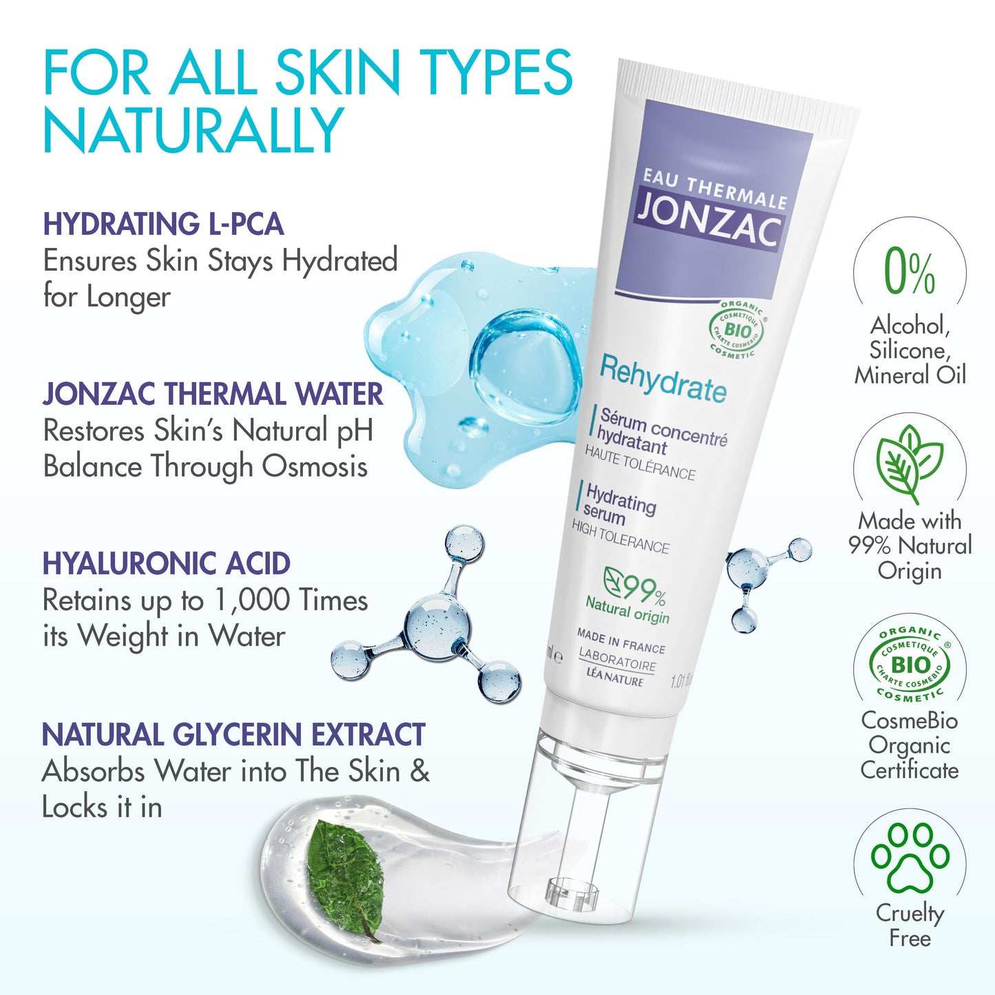 Eau Thermale Jonzac Rehydrate Organic Pure Hyaluronic Acid Hydrating Serum for Face - 24H Hydration - Plump and Repair Dehydrated Skin - Safe