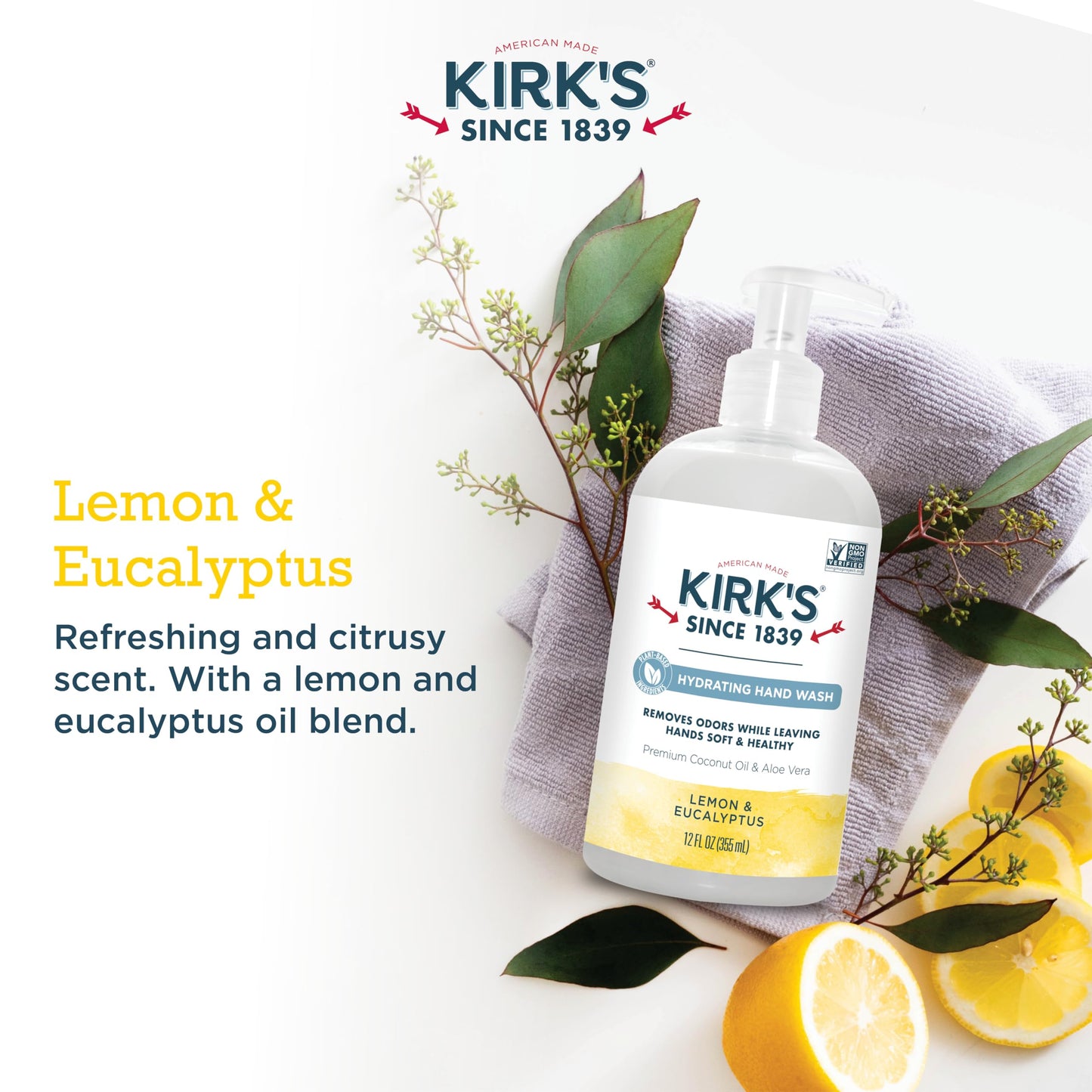 Kirk's Odor-Neutralizing Clean Hand Soap Castile Liquid Soap Pump Bottle | Moisturizing & Hydrating Kitchen Hand Wash | Lemon & Eucalyptus Scent | 12