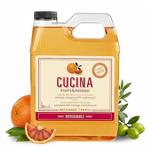 Cucina Fruits & Passion Hand Soap Refill, Orange & Fennel, 1 L (33.8 fl oz), Liquid Hand Soap with Moisturizing Olive Oil, Biodegradable, Vegan