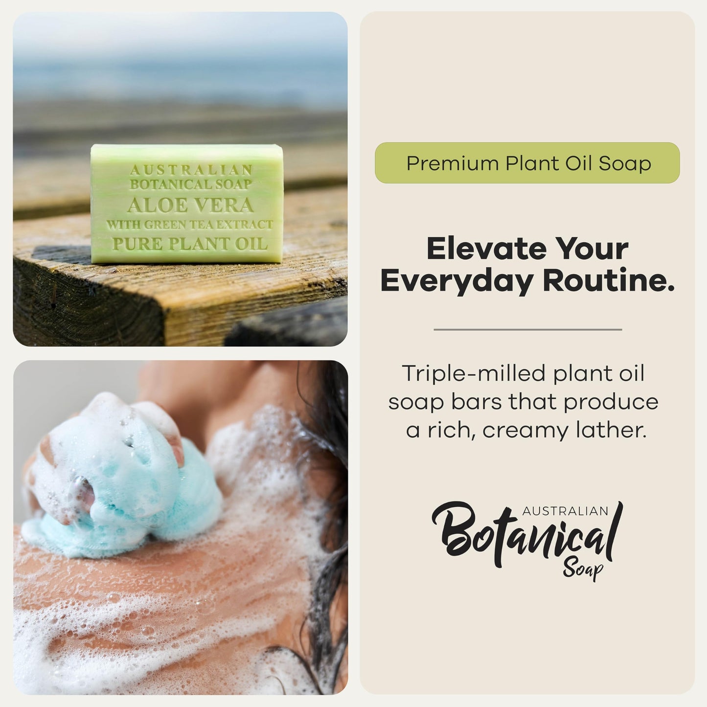 Australian Botanical Soap Aloe Vera with Green Tea Extract - Triple Milled 6.6 oz Bar Soap with Shea Butter, Face Hand & Body Bars, 4 Pack