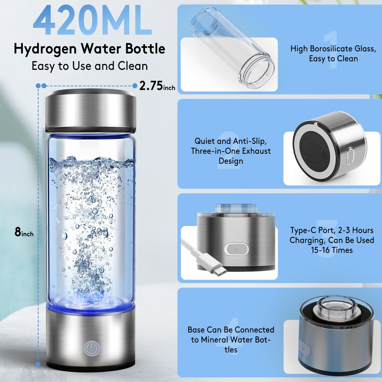 Hydrogen Water Bottle, 2800PPB in 3Min, SPE PEM Tech, Portable 16OZ, Rechargeable Hydrogen Water Bottle for Travel, Home, Office - Gift for Family…
