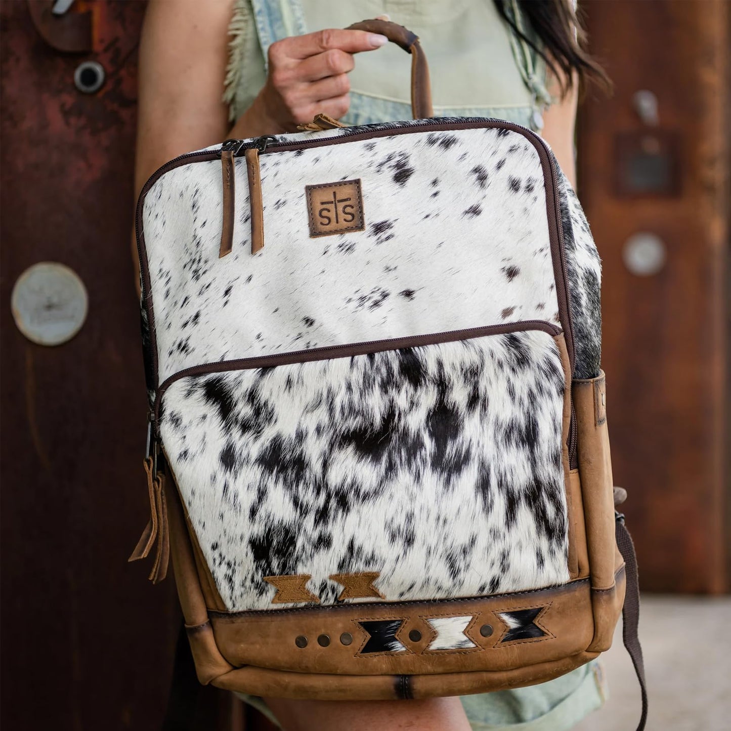 STS Women's Roswell Faye Durable Leather Backpack w/3 Zip Compartments, Cowhide/Veg Tan, 13" W x 15.5" H x 6" D