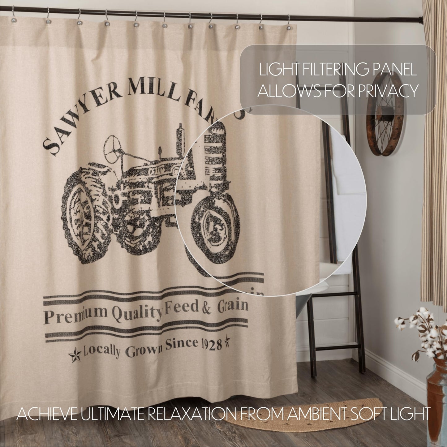 VHC Brands Sawyer Mill Charcoal Farmhouse Tan Textured Fabric Shower Curtain Bathroom Decoration 72x72