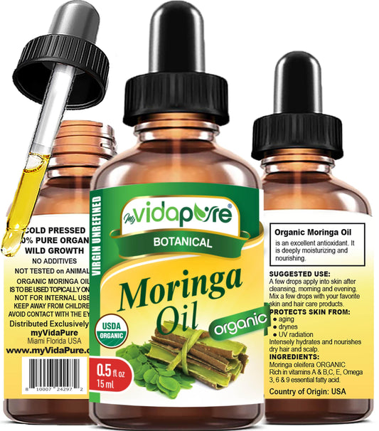 MYVIDAPURE Organic MORINGA OIL Moringa Oleifera Certified Organic 100% Natural Pure Virgin Unrefined for Face, Skin, Body, Hair, Lip, Nails