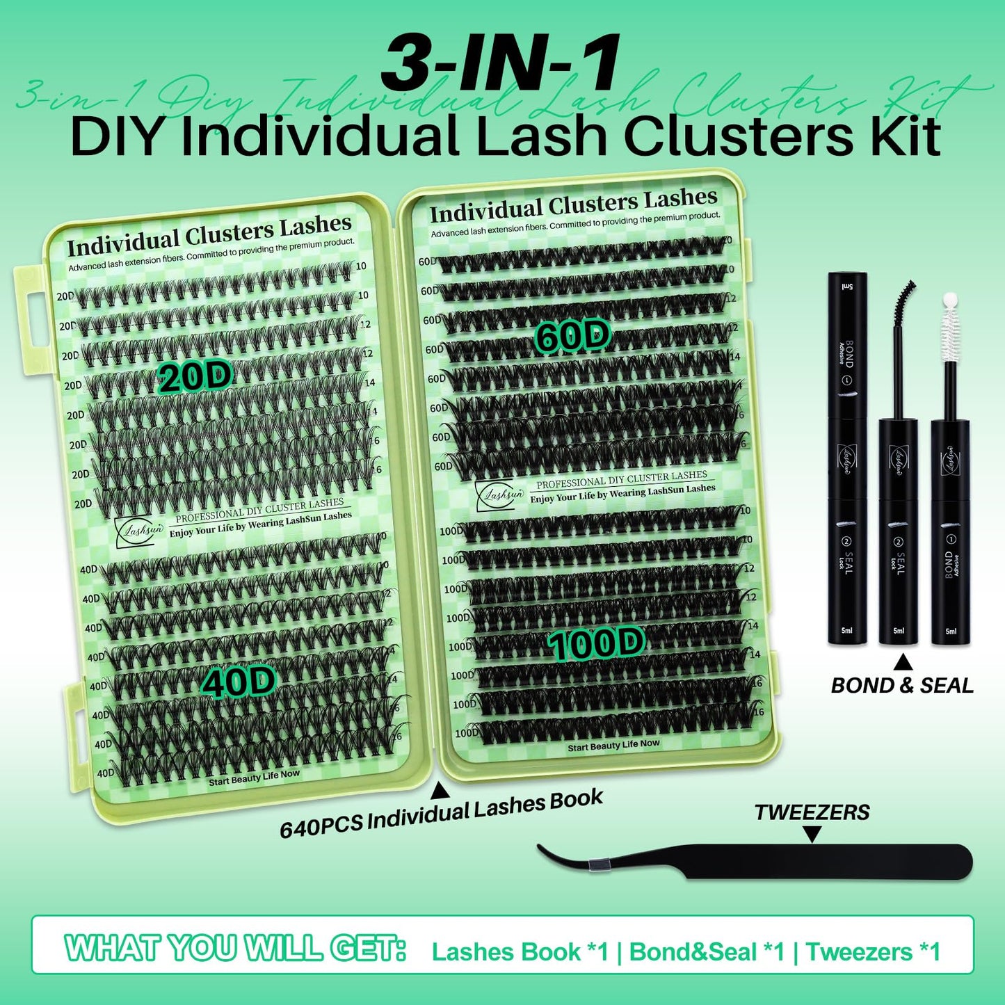 LASHSUN Lash Clusters Kit Wispy Eyelash 640pcs DIY Kit Cluster Eyelash Extensions Kit Volume Cluster Lashes with Lash Bond and Seal,Lash Beauty and Personal Care LASHSUN