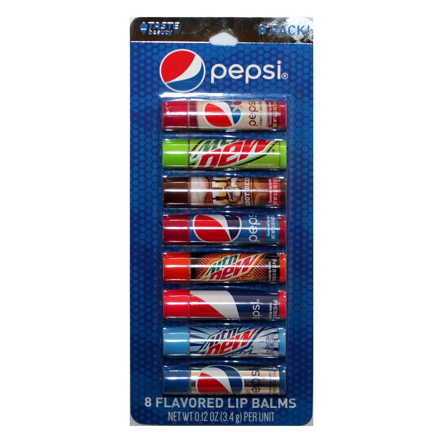 Taste Beauty (1) Party Pack Pepsi - 8pc Soda Flavored Lip Balm Sticks - Flavors: Cherry Vanilla, Mountain Dew, Mug Root Beer, Wild Cherry, Livewire