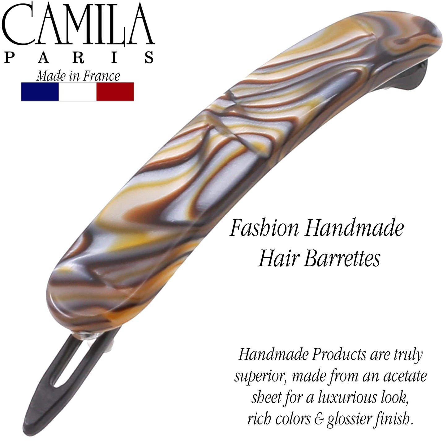 Camila Paris CP2818 French Hair Barrette Clip for Girls, Handmade, Onyx, Metal-Free Closure Strong Hold Grip Hair Clips for Women, No Slip and Durable