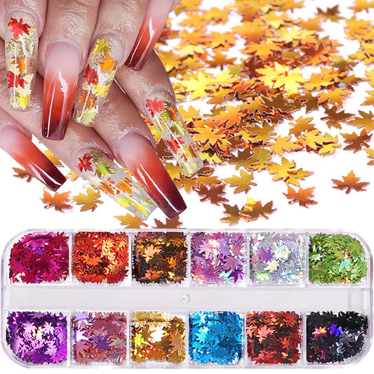 12 Colors Fall Leaf Glitter Nail Sequins - 3D Maple Leaf Holographic Nail Art Flakes Colorful Confetti Glitter Sticker Decals Manicure Nail Art Design