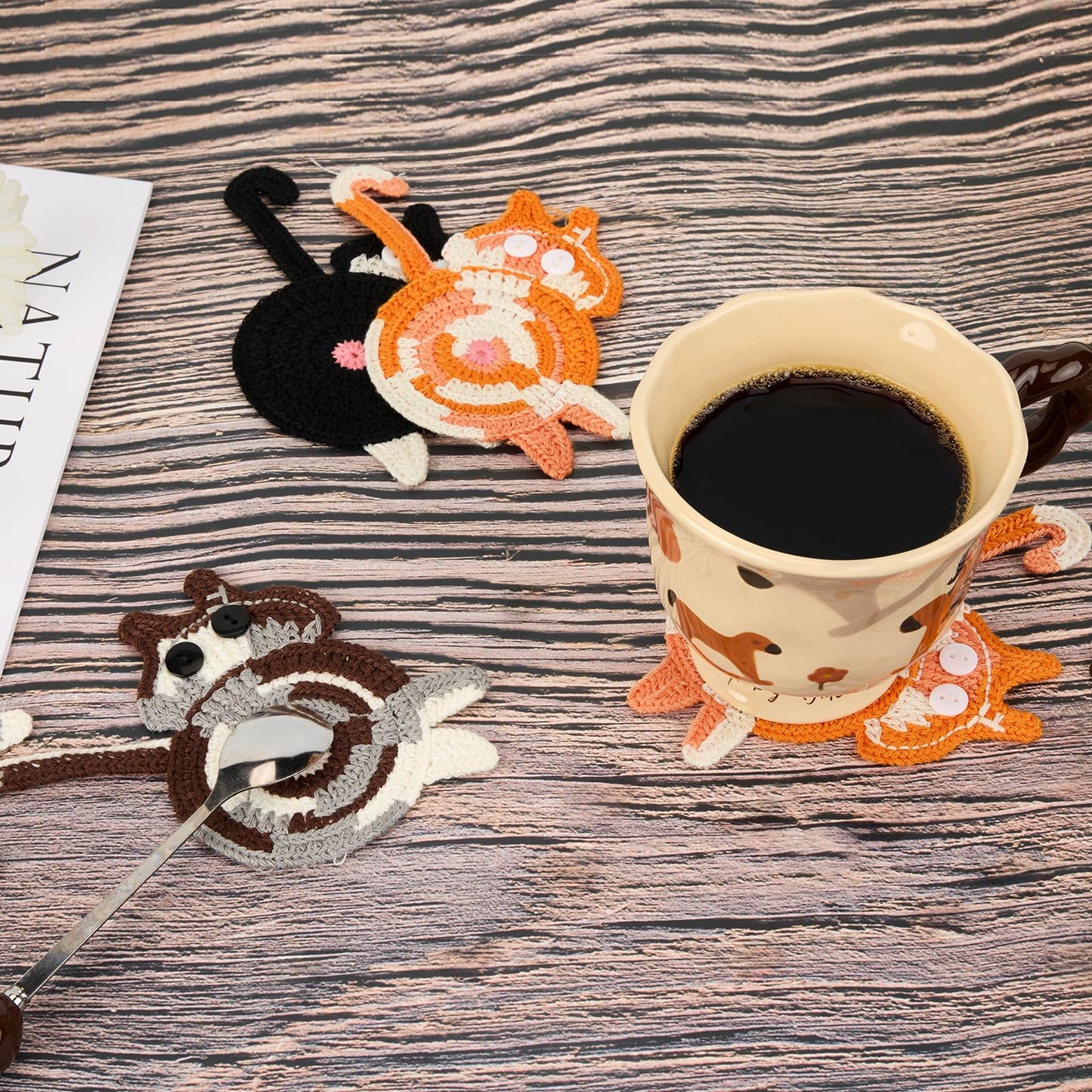 Cat-Themed Drink Coasters – Fun Woven Creative Set for Cat Lovers, Cute Coffee Coasters for Home Decor & Table Protection, 3PC