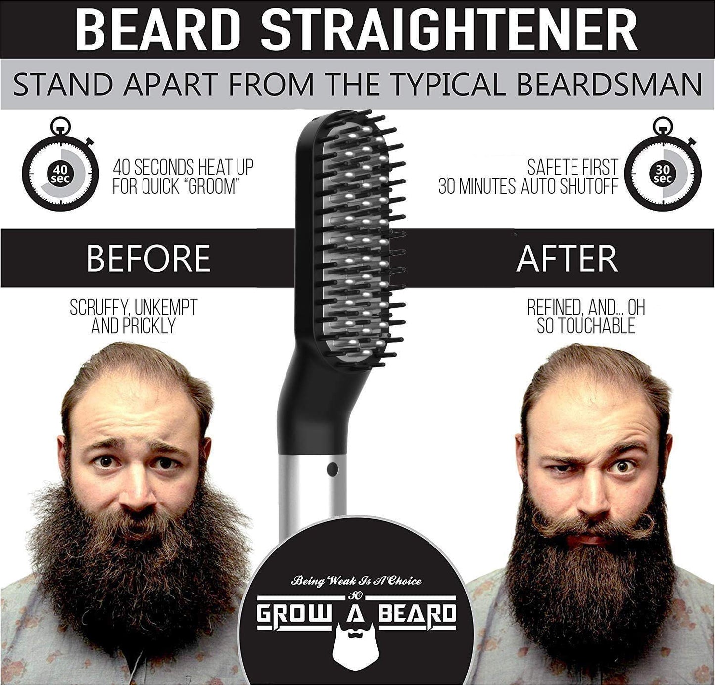 Beard Straightener Grooming Kit for Men, Beard Growth Kit, Wash, Brush & Comb, Unscented Growth Oil, All Natural Sandalwood Balm, Conditioner, Razor