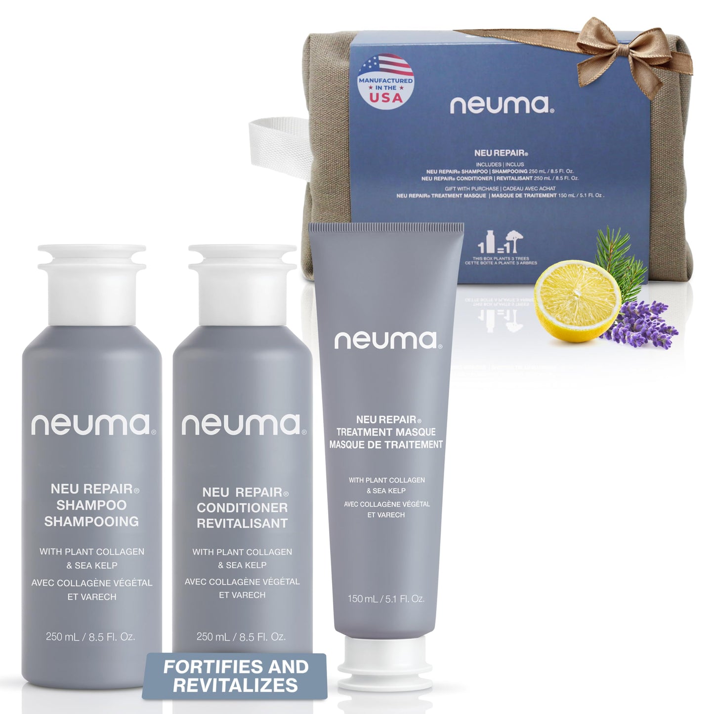 Neuma Neu Repair Shampoo & Conditioner Gift Set 8.5 FL Oz With Hair Repair Treatment Masque 5.1 FL Oz | Restores & Strengthens Damaged Hair | Lemon
