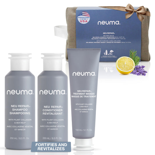 Neuma Neu Repair Shampoo & Conditioner Gift Set 8.5 FL Oz With Hair Repair Treatment Masque 5.1 FL Oz | Restores & Strengthens Damaged Hair | Lemon