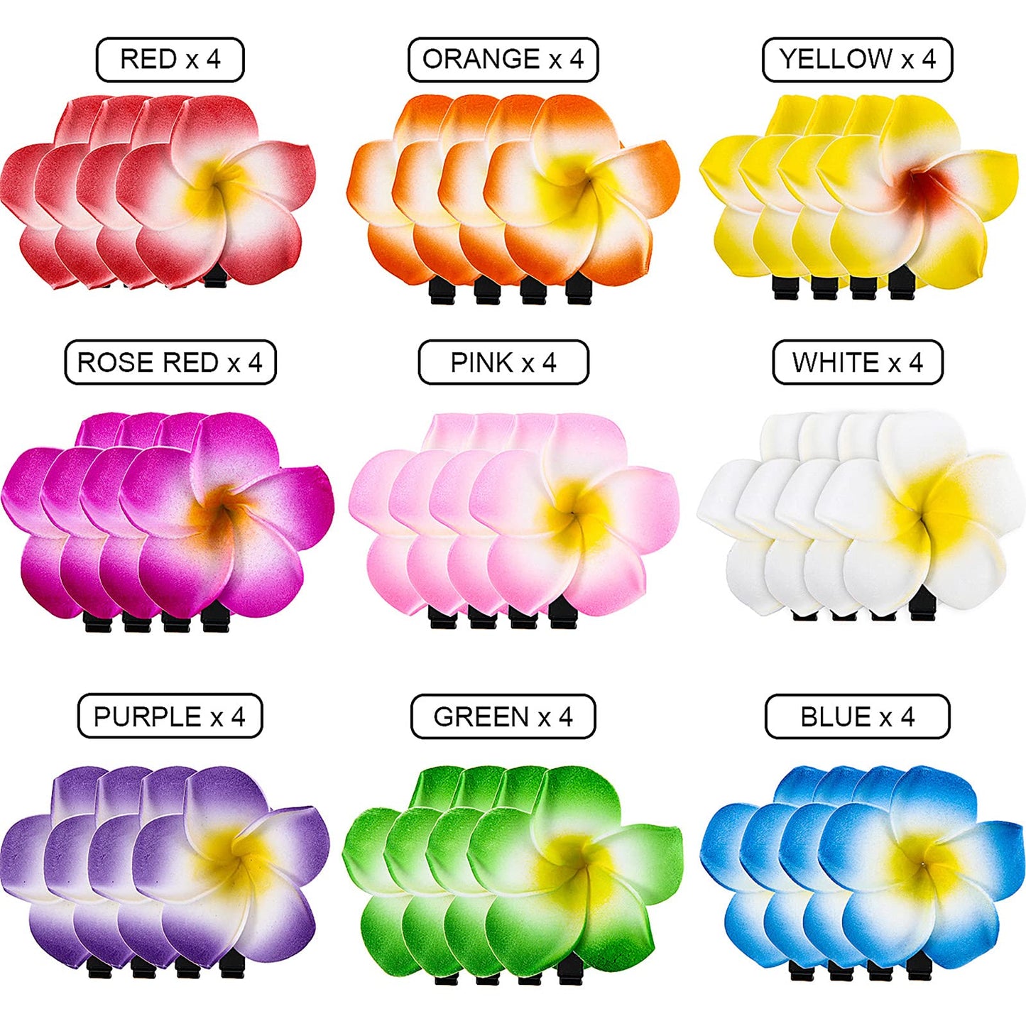 WILLBOND 36 Pieces Hawaiian Flower Hair Clips Plumeria Foam Hair Clips Artificial Frangipani Tropical Flower Hairpin for Bridal Wedding Luau Beach