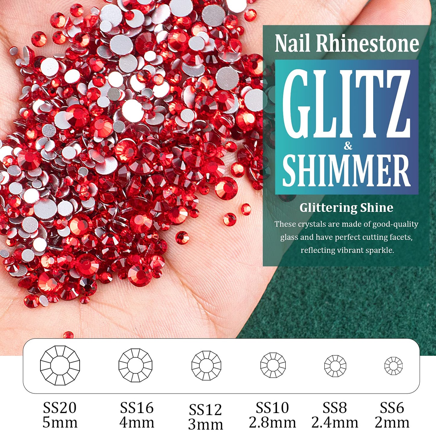 3440PCS 6 Sizes Red Glass Crystal Kit with Pickup Pen + Tweezer Tools for Iridescent Shine Nail Art Manicure Makeup DIY Deco Flatback Round Bead