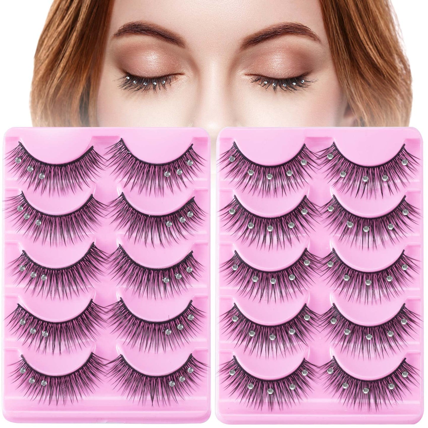 ANCIRS 2 Boxes(20pcs) Diamond False Eyelashes for Makeup, Natural Rhinestone Decorative Faux Mink Lashes, False Eye Lashes for Valentines Halloween