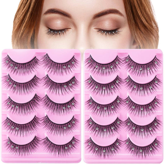ANCIRS 2 Boxes(20pcs) Diamond False Eyelashes for Makeup, Natural Rhinestone Decorative Faux Mink Lashes, False Eye Lashes for Valentines Halloween