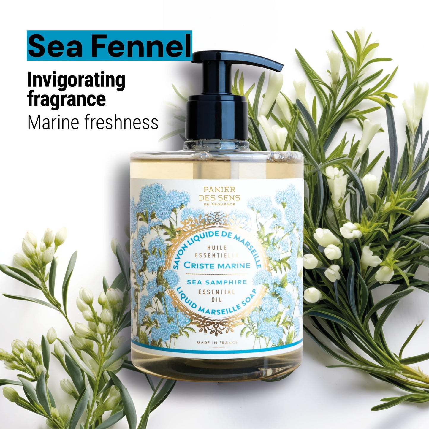 Panier des Sens - Fresh Sea Samphire Moisturizing Liquid Hand Soap - French Provence Hand Wash - Savon de Marseille Soap with Olive Oil - Refillable