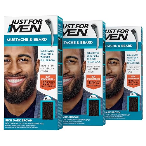 Just For Men Mustache & Beard, Beard Dye for Men with Brush Included, With Keratin Biotin Aloe and Coconut Oil for Healthy Facial Hair - Rich Dark