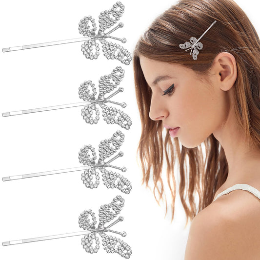 HINZIC 4 Pack Non-Slip Butterfly Hair Clips, Glittering Rhinestone Headwear Styling Bobby Pins, Sparkling Diamond Hairgrip Barrettes Accessories