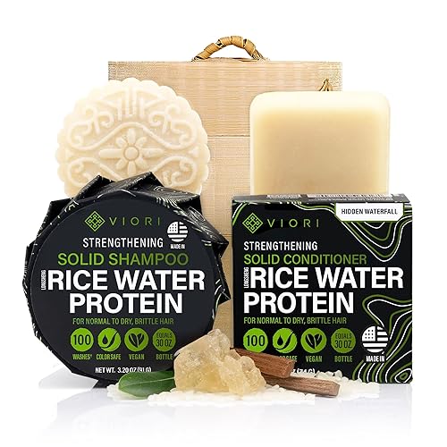 Viori Hidden Waterfall Shampoo and Conditioner Bar Set and Bamboo Holder - Made with Rice Water for Hair Growth - Handcrafted Sulfate Free Shampoo