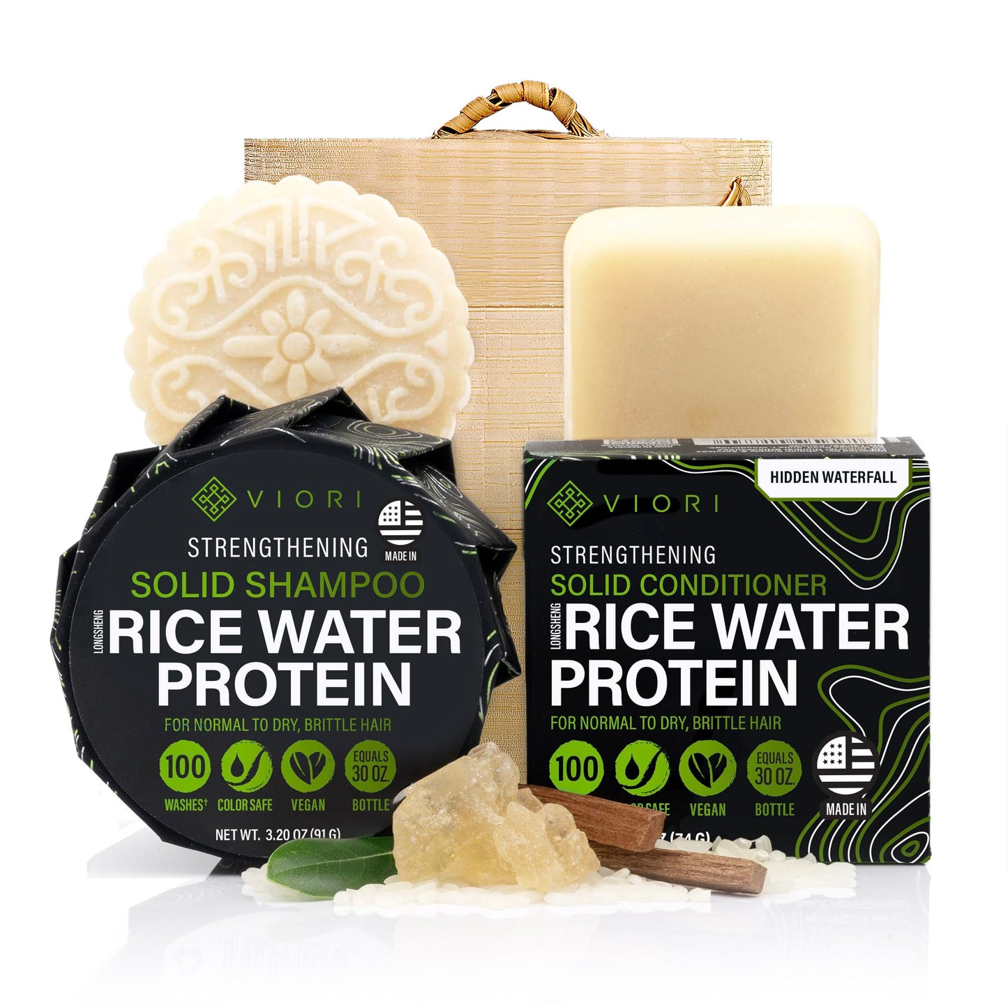 Viori Hidden Waterfall Shampoo and Conditioner Bar Set and Bamboo Holder - Made with Rice Water for Hair Growth - Handcrafted Sulfate Free Shampoo