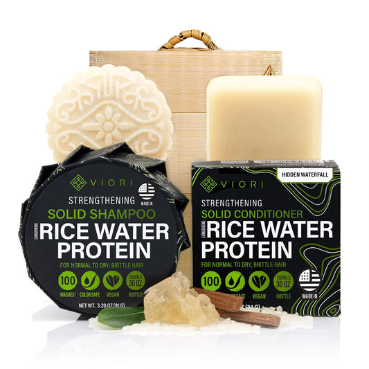 Viori Hidden Waterfall Shampoo and Conditioner Bar Set and Bamboo Holder - Made with Rice Water for Hair Growth - Handcrafted Sulfate Free Shampoo